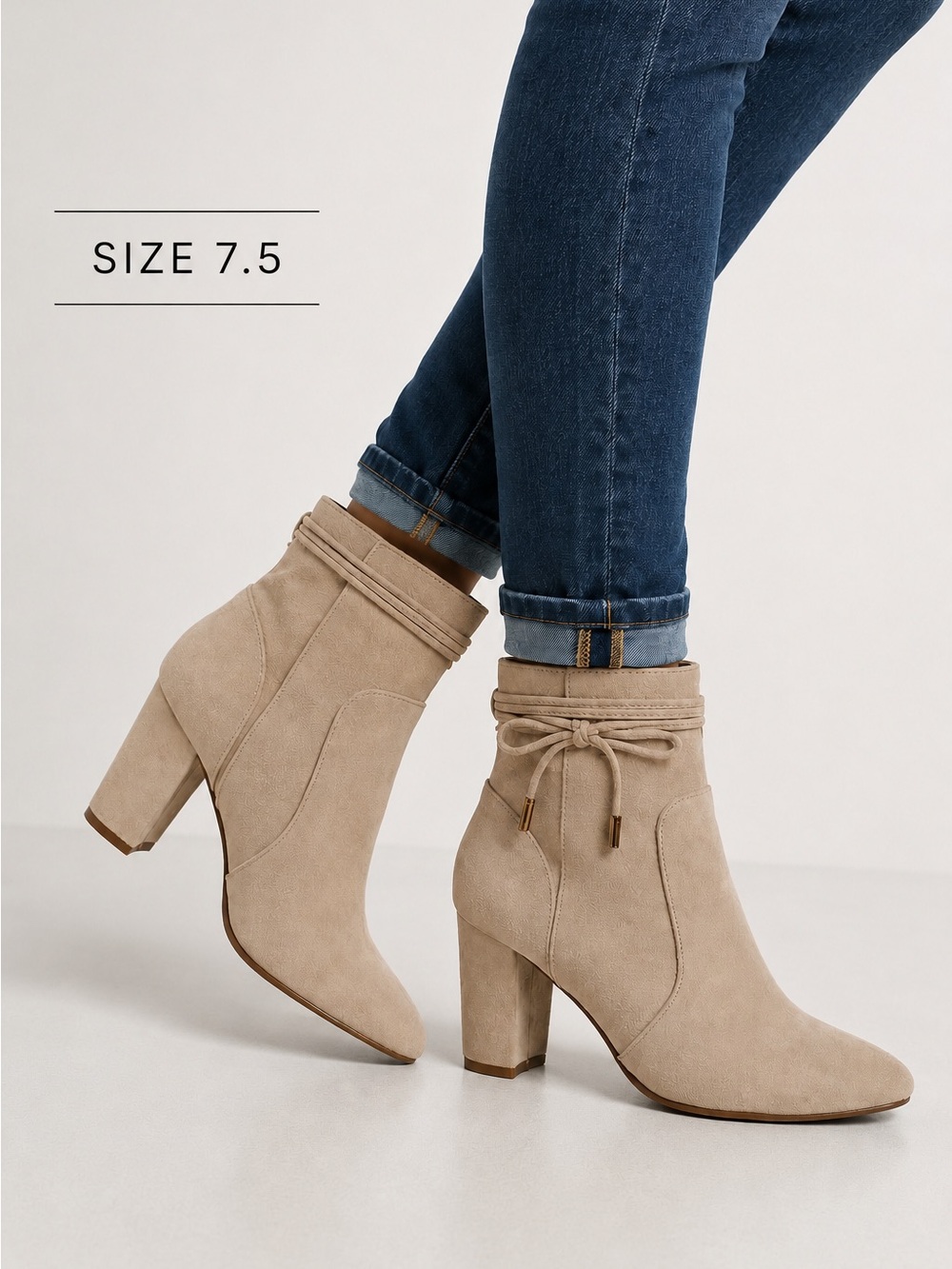 Beige Faux Suede Pointed Toe Ankle Booties Classic neutral Block Heel Size 7.5